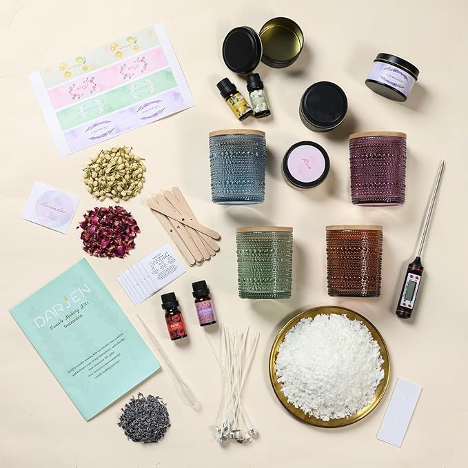 DARJEN Candle Making Kits for Adults- Candle Making Supplies with 4 Candle Jars(Amber, Purple, Blue, Green), Candle Tins, Soy Wax, Scents, Dried Flower & More, DIY Starter Candle Making Kit Home Decor