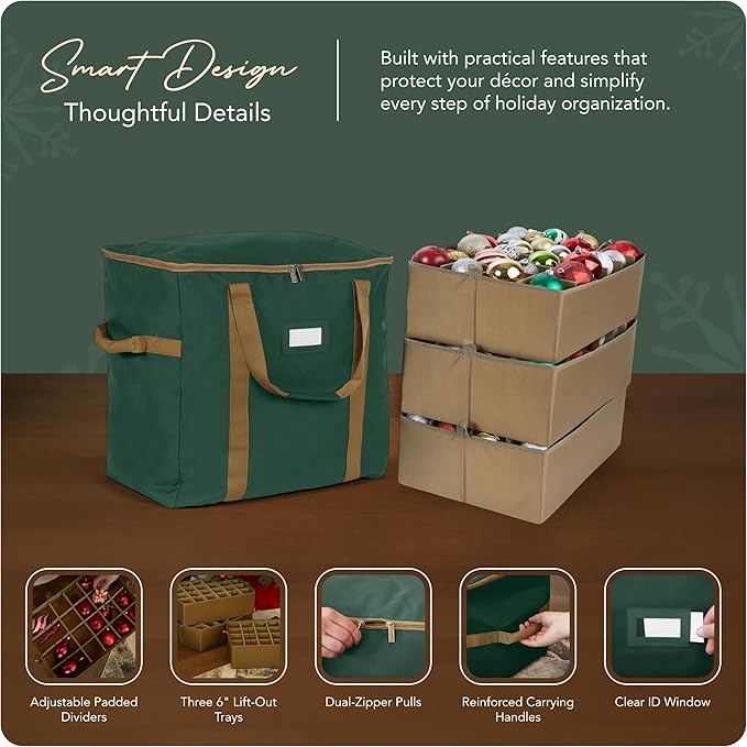 Covermates Keepsakes Adjustable Ornament Storage Bag – Heavy-Duty Polyester, Padded Dividers & FlexGrid Trays – Protective Holiday Ornament Organizer with Handles & Label Window, Green