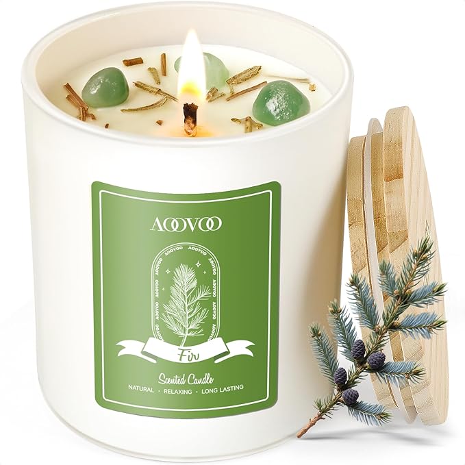 AOOVOO Fir Scented Candles for Women - Aromatherapy Candle with Crystals Inside, 10oz Soy Candles for Home Scented, Birthday Gifts Valentines Day Candle for Women Mom