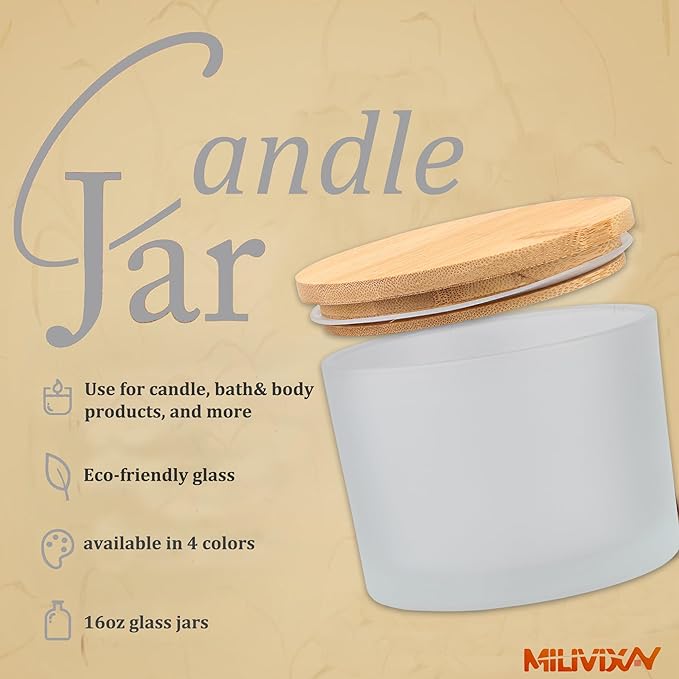 MILIVIXAY 6 Pack 16 oz Candle Jars with Bamboo Lids and Candle Making Kits - 3 Wick Candle Jar,Bulk Empty Frosted White Thick Glass Jars for Making Large Candles- Spice, Powder Containers.