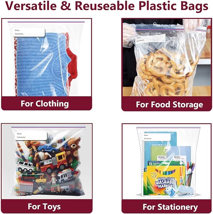 Large Plastic Bags With Zipper Top and Writable White Block, 2 Gallon,13x15in,2-Mil Thick,25 Pack,Storage Bags for Clothes,Travel, Moving, Reusable,Heavy-Duty,BPA-Free, Clear Plastic
