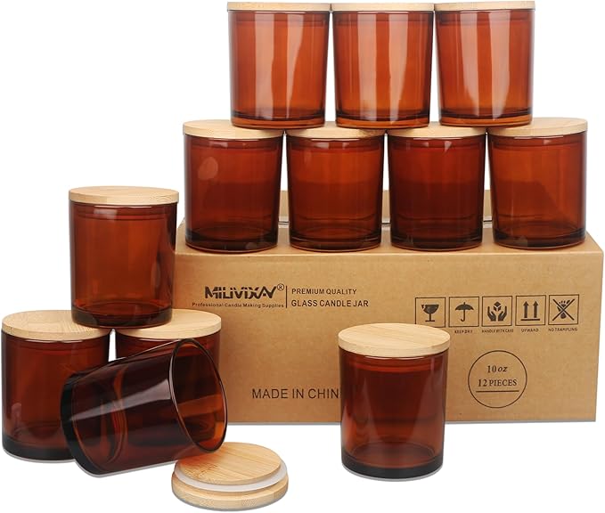 MILIVIXAY 12 Pack 10 OZ Amber Thick Glass Candle Jars with Lids - Bulk Empty Candle Jar for Making Candles - Spice, Powder Containers.