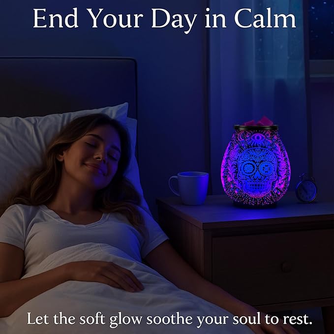 Leyoue 3D Glass Fireworks Electric Wax Melt Warmer with PTC Heating Plate 7 Colors LED Changing Light Wax Burner Melter Fragrance Warmer for Home (Skull Head)