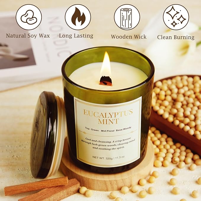 2 Pack Candles for Home Scented,Wood Wick Eucalyptus Mint Scented Candle,22.6 oz 150 Hour Long Burning Lasting, Natural Soy Wax Candles Gifts Set