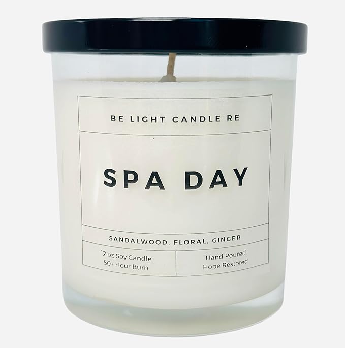 Stress Relief Candle | Purpose-Driven Soy Scented | Fragrance for Home | 8oz Long Lasting Scent | Non-Toxic | Aromatherapy | Gifts for Women | Be Light Candle RE (Spa Day)