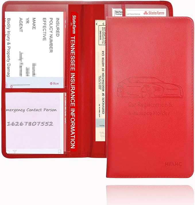HIIXHC Car Registration and Insurance Card Holder - Leather Vehicle Glove Box Automobile Documents Paperwork Wallet Case Organizer for ID, Driver's License, Key Contact Information Cards