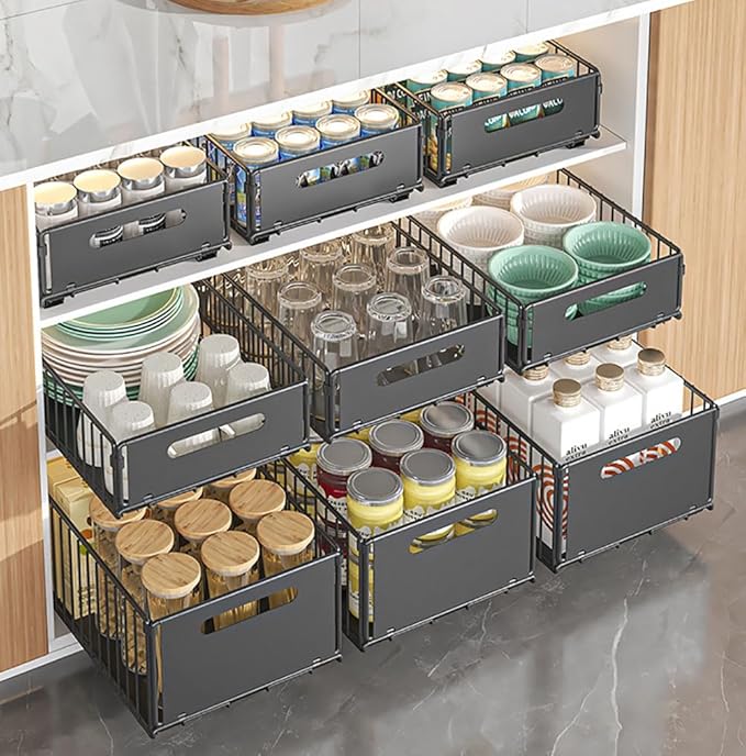 YunNasi Pull Out Cabinet Organizer Slide Out Drawer Storage Shelves Cupboard Organiser Sliding Cabinet Basket for Kitchen No Drilling and Nailing (Black, 4Piece 9.8" W X15 D X 7.5" H)