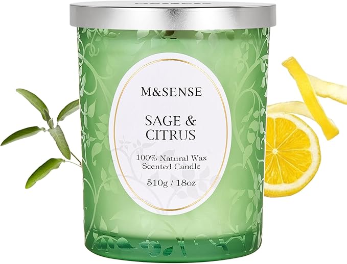 M&SENSE Sage Citrus Soy Candle, Cracking Wooden Wick 18oz 100 Hours Long Lasting Clean Burn, Large Jar Winter Aromatherapy Candle for Home Decor, Non-Toxic Relaxing Gifts for Women