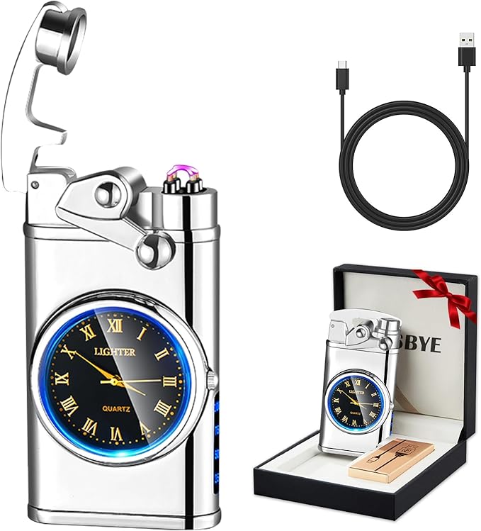 Electric Lighter USB Rechargeable Lighters, Windproof Dual Arc Plasma Lighter, Flameless Electronic Cool Lighters with LED Battery Indication for Men (Silver Clock)