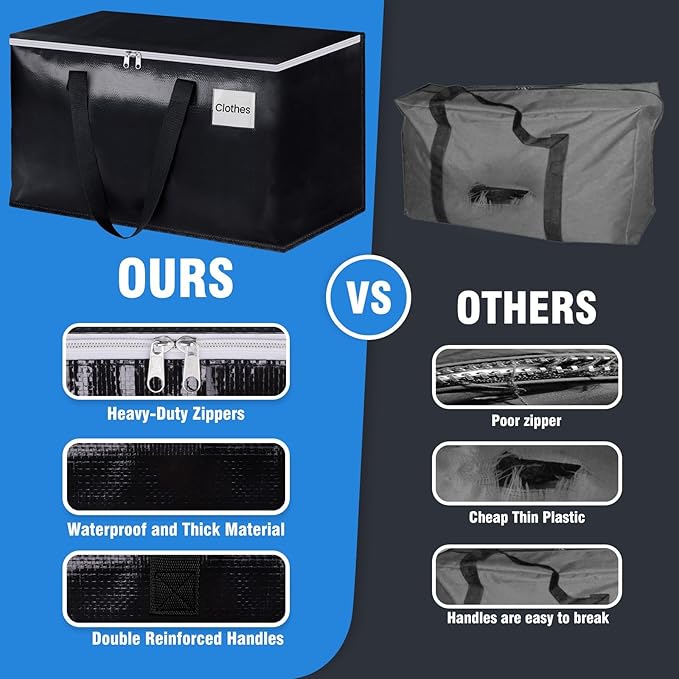 BlissTotes Moving Bags, Heavy Duty Moving Boxes with Zippers Top and Sturdy Handles, Storage Bags for Space Saving and Packing, Collapsible Moving Supplies, Storage Totes (76L, 10-Pack, Black)