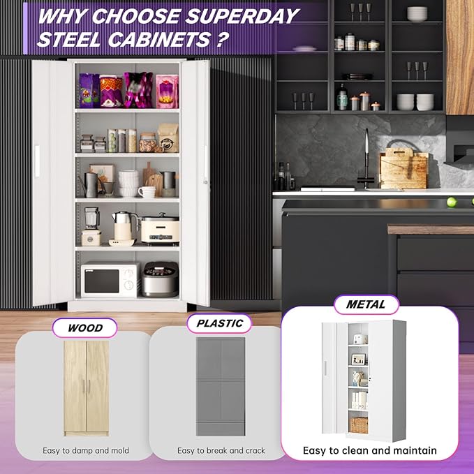 Superday Metal Storage Cabinets, 71" Steel Storage Cabinet with Lock, Tall White Cabinet with 2 Doors and 4 Adjustable Shelves for Garage, Home Office, Classroom, File, Easy Assemble