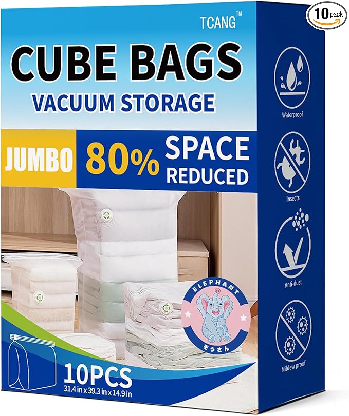 Vacuum Storage Bags, 10 Pack Jumbo Cube Bag (31.4 * 39.3 * 14.9 Inch), 80% Space Saver Extra Large Vacuum Seal Bags for Clothing, Comforters, Blankets, Bedding, Closet Organization Space Saving