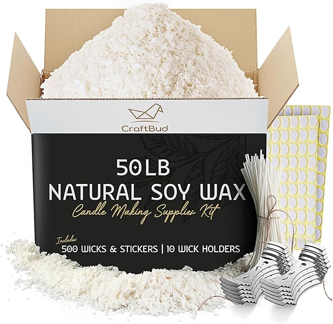 CraftBud Soy Candle Wax for Candle Making – Natural Soy Wax for Candle Making 50 lb Bag, Candle Making Wax, 50 Lbs. Soy Wax Flakes, 500 Candle Wicks, 500 Wick Stickers, and 10 Metal Centering Devices