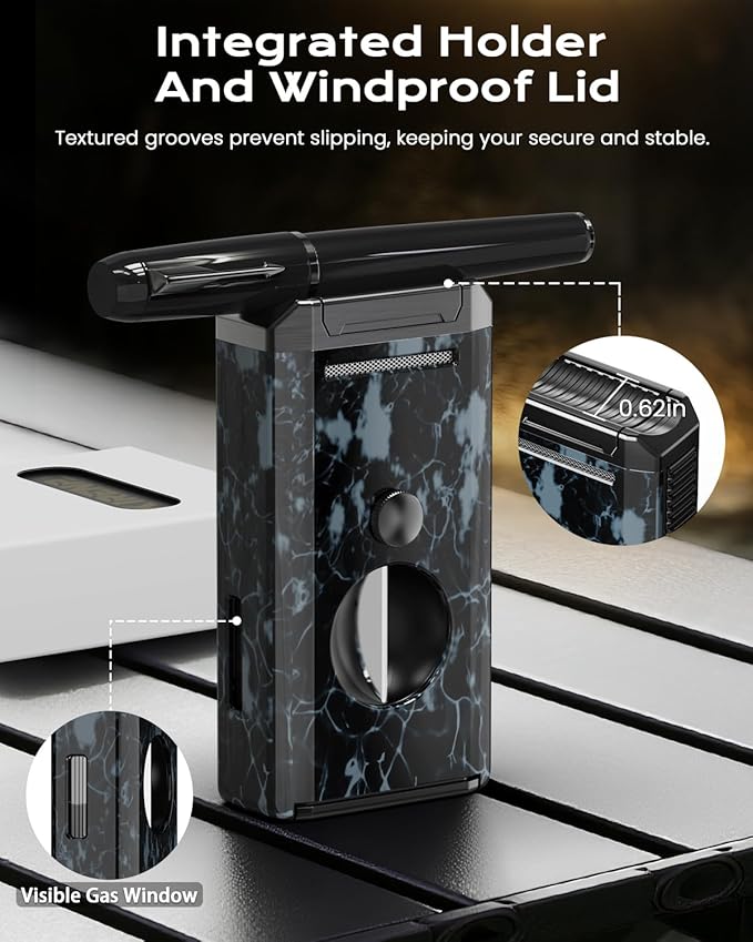 All-in-One Torch Lighter with Auto-Pop V Cutter and Holder, Windproof Jet Flame Cool Lighters, Butane Refillable Torch Lighters Set with Gift Box for Men, Candles, Travel, Outdoors, Camping