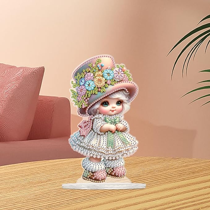 antor 5D Cute Diamond Art Painting Tabletop Ornament Kit, Acrylic DIY Diamond Art Desktop Ornaments Doll Figurine with Floral Hat, Special Shaped Crystal Diamond Painting Table Top Home Office Decor