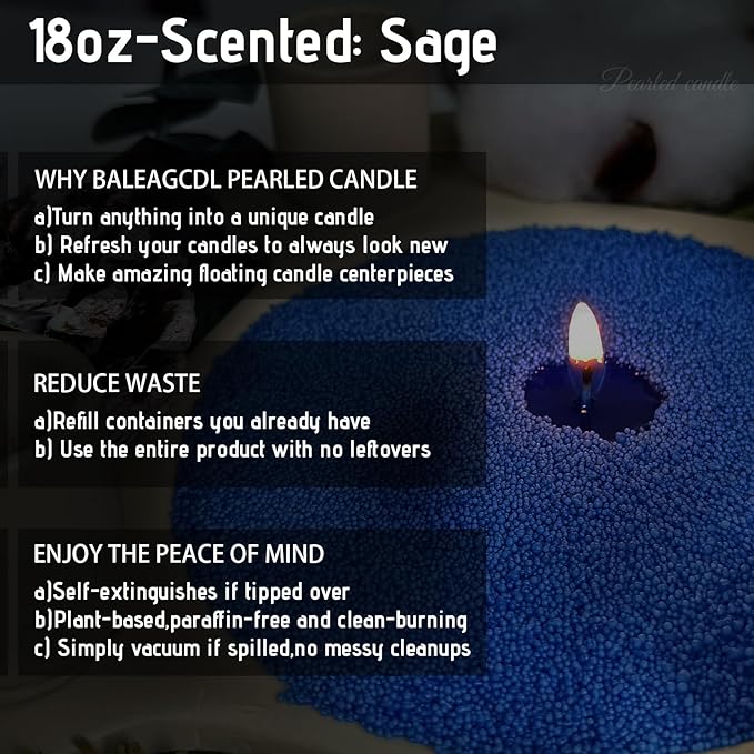 Dewdrop Sage Pearled Candle – 18oz Sage Scented Sand Candles with 30 Wicks | Refillable Dark Blue Wax Long-Lasting Powder 120 Hours for Meditation & Relaxation