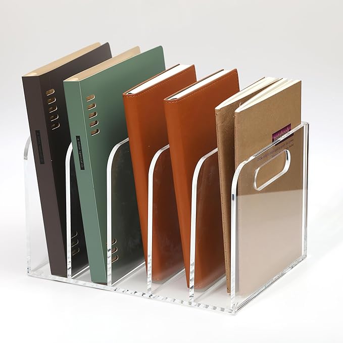 Acrylic Magazine File Holder, 5 Vertical Compartments Desk Document Sorter Organizer, Clear Folder Rack Binder for Office/Documents/Classroom, for Home, Tablet, Magazines, Books & Accessories