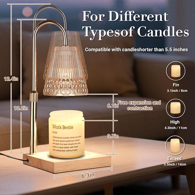 Candle Warmer Lamp, Adjustable Height & Dimmable, Candles with Timer, 2H/4H/8H Auto Off, Safe Flameless Night Light for Home Decor, Bedroom, Office, Christmas Birthday Gift for Women & Men