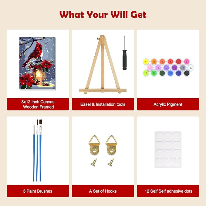 MOGTAA Christmas Paint by Numbers Kit for Adults Beginners with Frame, Christmas Cardinal Adult Paint by Number Kits on Canvas with Easel, Easy DIY Winter Oil Painting Kits for Home Decor, 8x12in