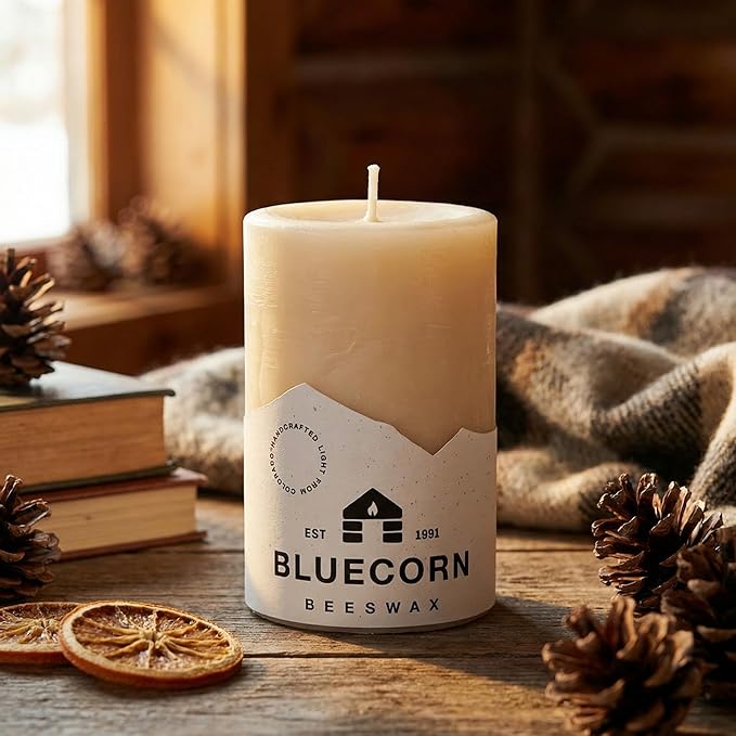 Bluecorn Beeswax Pillar Candle, 100% Pure Natural Bees Wax, Ivory White 3x4 Candle, Clean Burning & Dripless, Long Lasting (60 Hrs), Paraffin, Soy & Fragrance Free, Home Decor, American Made, 1 Count