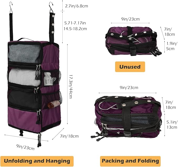 TABITORA Travel Luggage Organizer Hanging Packing Cubes Portable Hanging Shelves Carry on Closet for Suitcase with 2 Hooks,Collapsible(Purple,S)