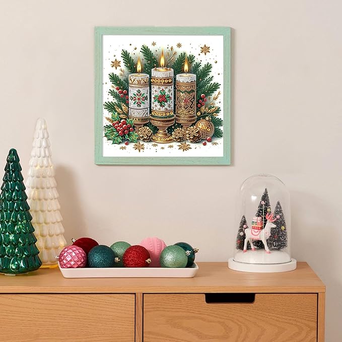 antor Christmas Candle 5D Special Shape Diamond Painting Kits for Adults Beginners, Crystal Rhinestones DIY Christmas Diamond Art Canvas for Home Wall Decoration Gift 12×12 Inch