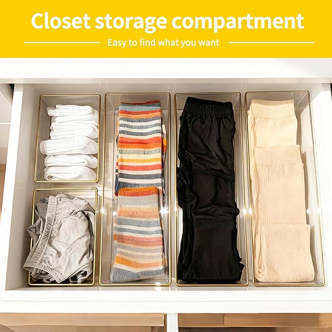 4 Pack Large Size Clear Stackable Drawer Organizer Trays, Gold Rim Makeup Drawer Storage Tray Divider, Desk Storage for Makeup, Jewelry, Bathroom, Stationary, Kitchen Utensils and Office Desk