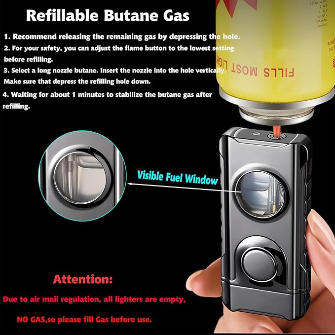 Torch Lighter, Creative Dual Flame Lighter with 6pcs Flint Stone, Windproof Lighter with Visible Fuel Tank, Adjustable Soft Flame and Jet Flame 2 in1,Refillable Butane Lighter for Gifts Men-Ice Black