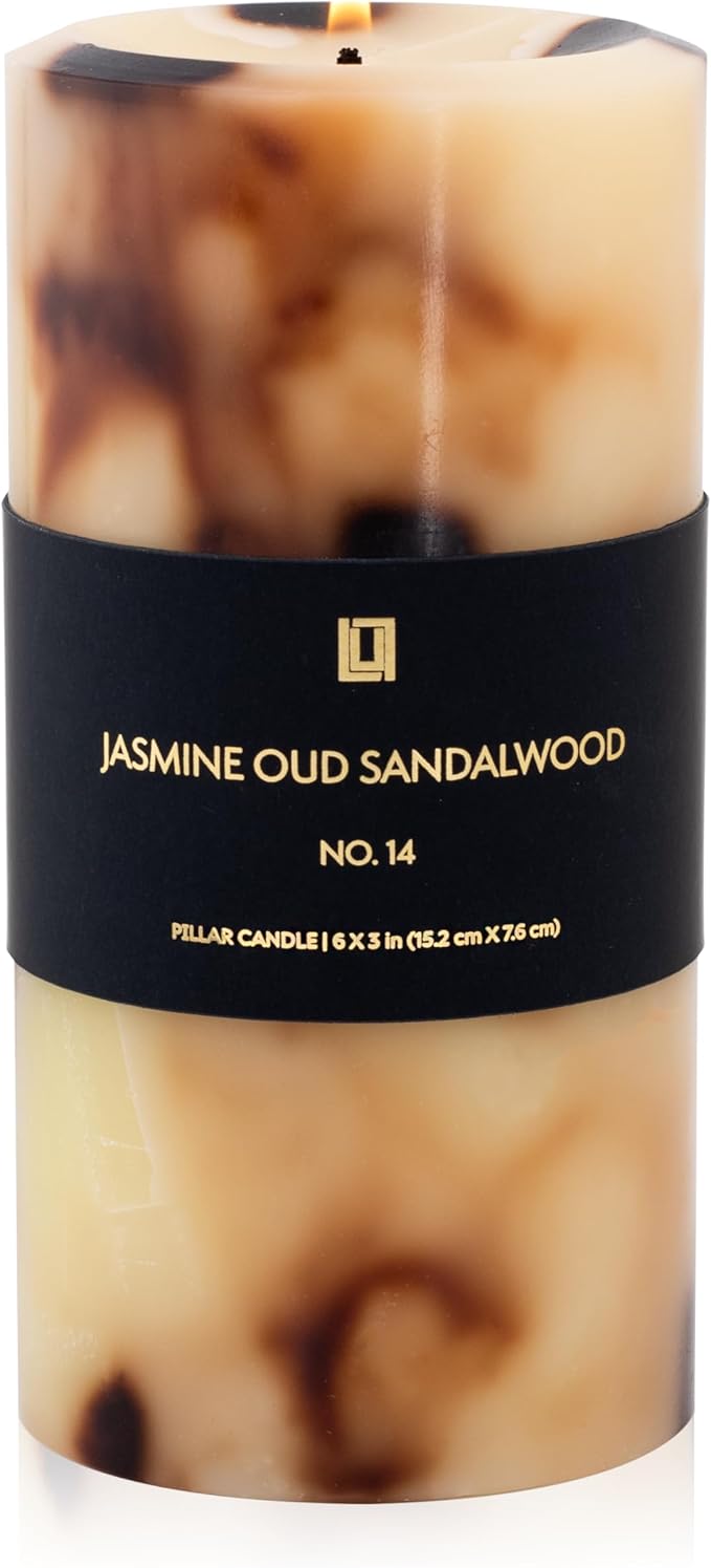 Lulu Candles - Jasmine, Oud & Sandalwood (3x6 Pillar Candle) - Highly Scented Premium Candles in Gifable Box for Home and Office - 100% Cotton Wick - Slow Burning & Long Lasting