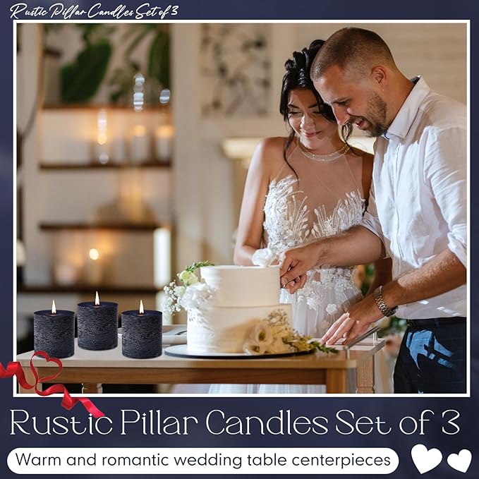 Sumind Valentine's Day Handmade 3x3 Inch Pillar Candles Set of 3, 24 Hour Long Burning Unscented Rustic No Drip Ivory Candles Hand Poured for Spring Home Decor, Weddings, Parties,Dinner,Church(Blue)