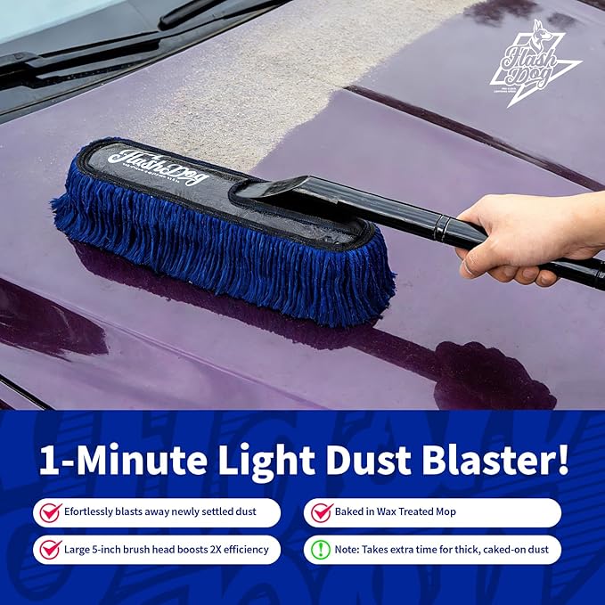 Flash Dog Car Duster Exterior Scratch Free, Waterless Cleaning Brush for Car Truck RV Boat, Gifts for Men Women, Storage Bag & Air Freshener - Wooden Handle Wax Cotton Duster & Mini Interior Brush