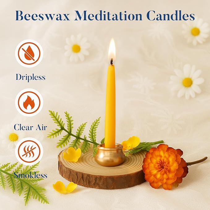 Crenovo 20 Minute Beeswax Meditation Candles, 60 Pack Mini Taper Candles with Brass Holder, Dripless, Smokeless, Gift-Ready Packaging for Meditation and Prayer