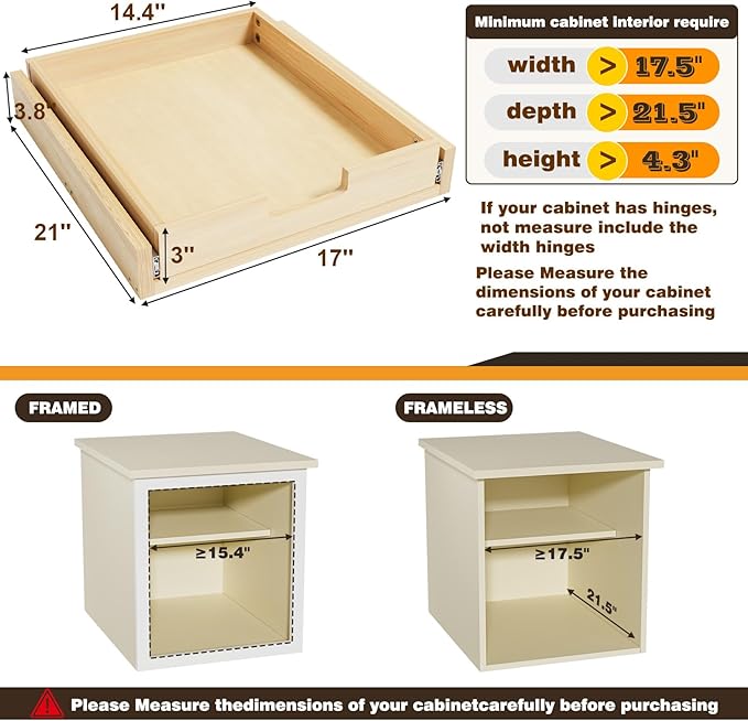 Pull Out Cabinet Organizer, 17''W×21''D Sliding Drawers for Cabinets, Soft Close Slide Out Wooden Pull out Drawers, Base Cabinet Organization for Kitchen, Pantry, Bathroom