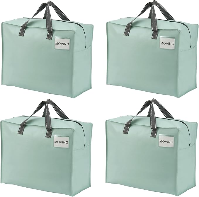 VENO 4 Pack Heavy Duty Moving Bags, Storage Bags, Packing Supplies, Top Zipper, Storage Totes for Camping, Clothes, Bedding, Comforters, Pillows (13 Gallon Light Green, 4 Pack)
