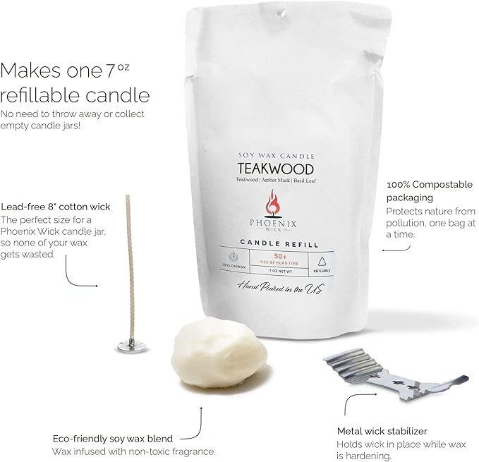 Phoenix Wick - Scented Candles & Wax Refills (Teakwood, Candle Kit - 7oz/50Hrs)