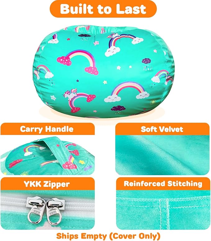 Lukeight Unicorns Stuffed Animals Storage Bean Bag Chair Cover Only (Ships Empty, No Filling) - Velvet YKK Zipper Beanbag Cover for Kids Big kids, Washable Plush Toy Organizer, X-Large 30" D x 18" H