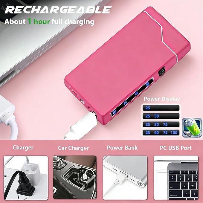 Electric Pink Lighter Dual Arc Plasma Lighter, Windproof Flameless Cool Electronic Lighters, Rechargeable USB with LED Battery Indication, Pocket Metal Lighters for Candles, Camping Unisex