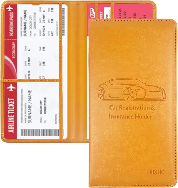 Car Registration and Insurance Card Holder - Leather Vehicle Glove Box Automobile Documents Paperwork Wallet Case Organizer for ID, Driver's License, Key Contact Information Cards - Men&Women