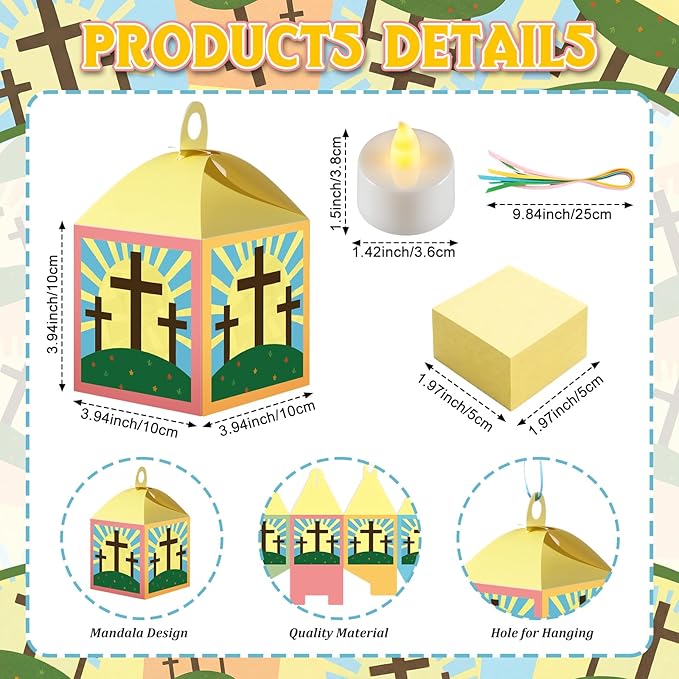 Simgoing 24 Sets Easter Crafts with LED Candle Light He is Risen Tissue Paper Resurrection Craft DIY VBS Christ Suncatchers Lanterns Hanging for Fun Home Activities Sunday School Christian Decoration