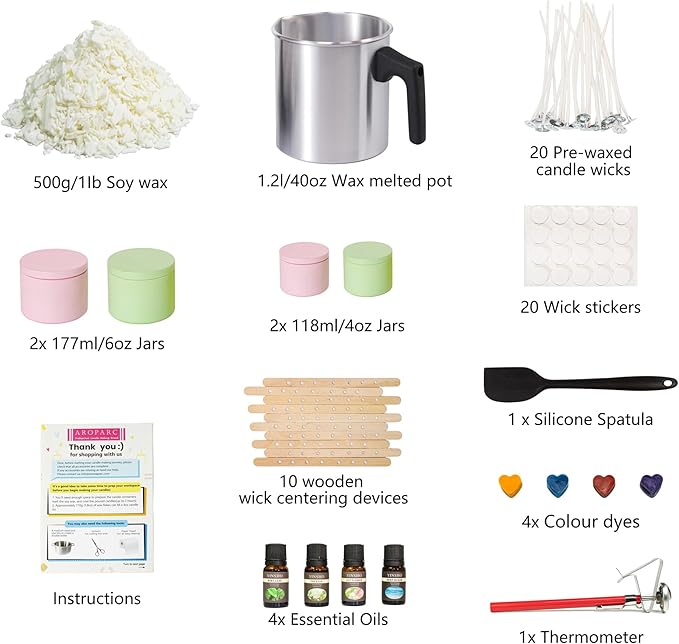 Aroparc Complete Candle Making Kit for Adults, Complete Candle DIY for Beginner - Soy Wax, Scent, Pouring Pot, Wicks and Stickers, Tins, and More
