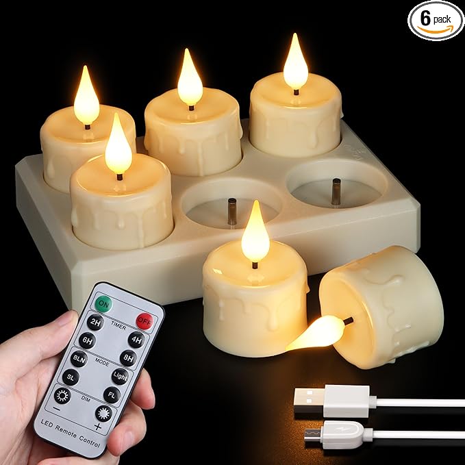 Rechargeable Tea Lights with Remote and Timer, 6pcs Flameless Candles LED Flickering with Charging Base and USB Cable, Electric Votive Tealights Warm White