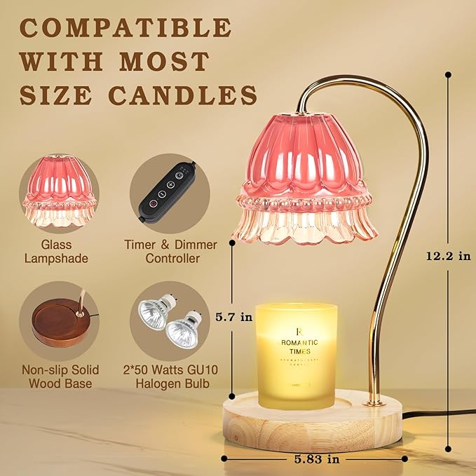 Flower Candle Warmer Lamp with Timer, Wax Warmer, Height Adjustable, Birthday Gifts for Women, Mom, Sister, Candle Lamp Warmer, Electric Dimmable Candle Warmer, Vintage Home Decor