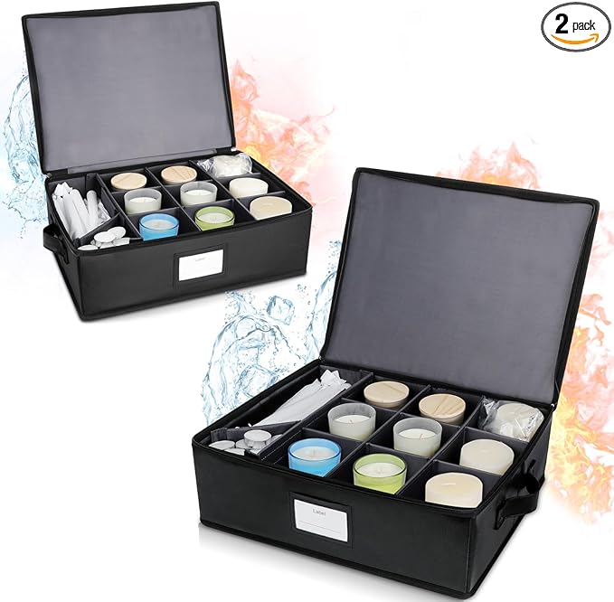 Fireproof Candle Storage Organizer Box (Set of 2) with Dividers, Tissue Paper and Ziplock Bags Protects 12 Aromatherapy Candles, Jar Candles, Taper Candles, Pillar Candles, Tealight Candle and Candles