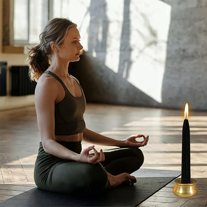 Dripless Taper Candle Meditation Candles,Black 20 Minute Mini Prayer Candlestick Pure Beeswax Candles with Brass Candle Holder for Yoga & Spiritual Rituals,30-BLA
