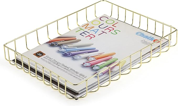 BTSKY Multipurpose A4 File Tray Wire Desk Tray Organizer Elegant Letter Size Desk Documents Trays Magazine Files Storage Basket Organizer Bin for Office Cosmetics Bathroom(Gold)