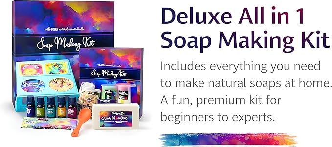 Soap Making Kit for Adults, Make Your Own Soap with Melt & Pour diy gentle soap supplies; 6 Essential Oils, Silicone Soap Mold, Spoon, Dried Flowers, 1.5lbs. Goats Milk Soap Base, 4 Colors, 9 Labels