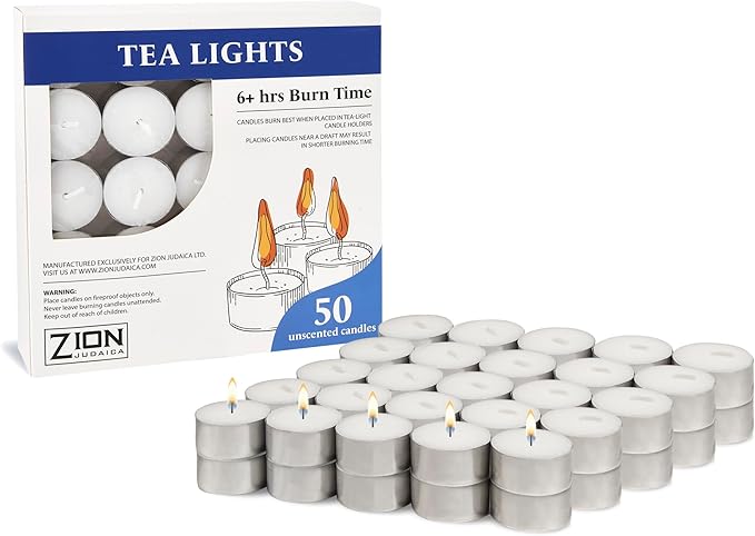 Zion Judaica Premium Unscented Tealight Candles Set Smokeless Multi-Pack Tea Candles Dripless Clean Burning Tea Lights Long Lasting Candlelight for Home Décor Religious Ceremonies (6 Hour, 50, Count)