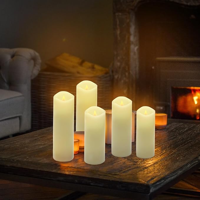 ALED LIGHT Real Wax Rechargeable Candles Flickering Realistic,Warm White Flameless Candles Rechargeable with Remote for Home Decor Idea Gift，Pack 5(D 2.2”X H 5”5.5”6”7”8”)