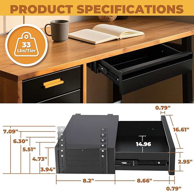 POPMOON Under Desk Drawer For Desk 16.6in,Adjustable Height, Pull out Storage Organizer with Slide Extension Mounted Under Flat Wooden Table or Workbench, Carbon Steel Hidden Desk Drawer