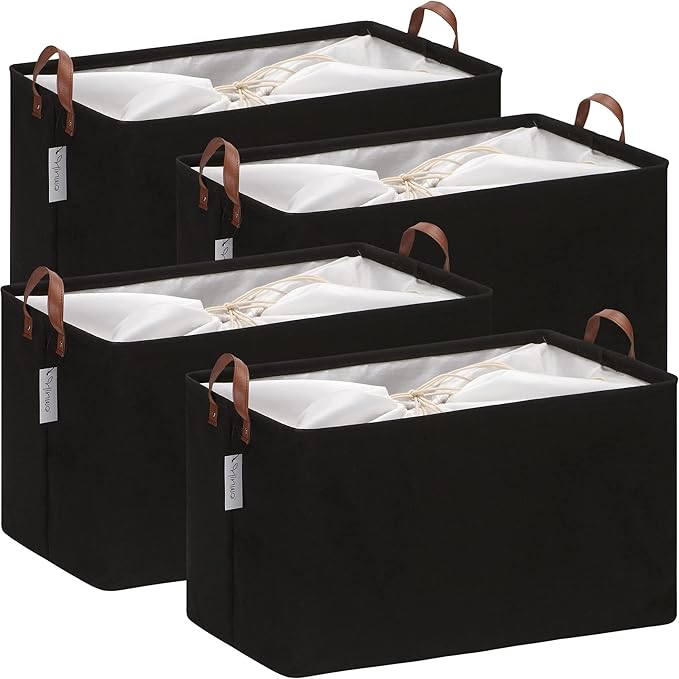 Hinwo 70L Extra Large Storage Bins, 4-Pack Closet Organizers and Storage, Foldable Clothes Storage Baskets with Handles, Containers for Clothing, Blanket, Comforters, Toys, Bedding (Black)